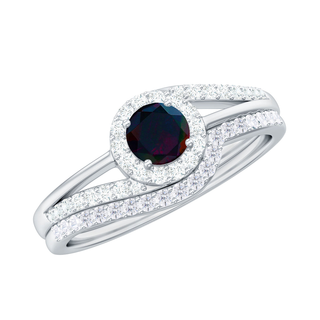 Natural Black Opal Ring Set with Diamond, 925 Sterling Silver, US 4.00 J8507