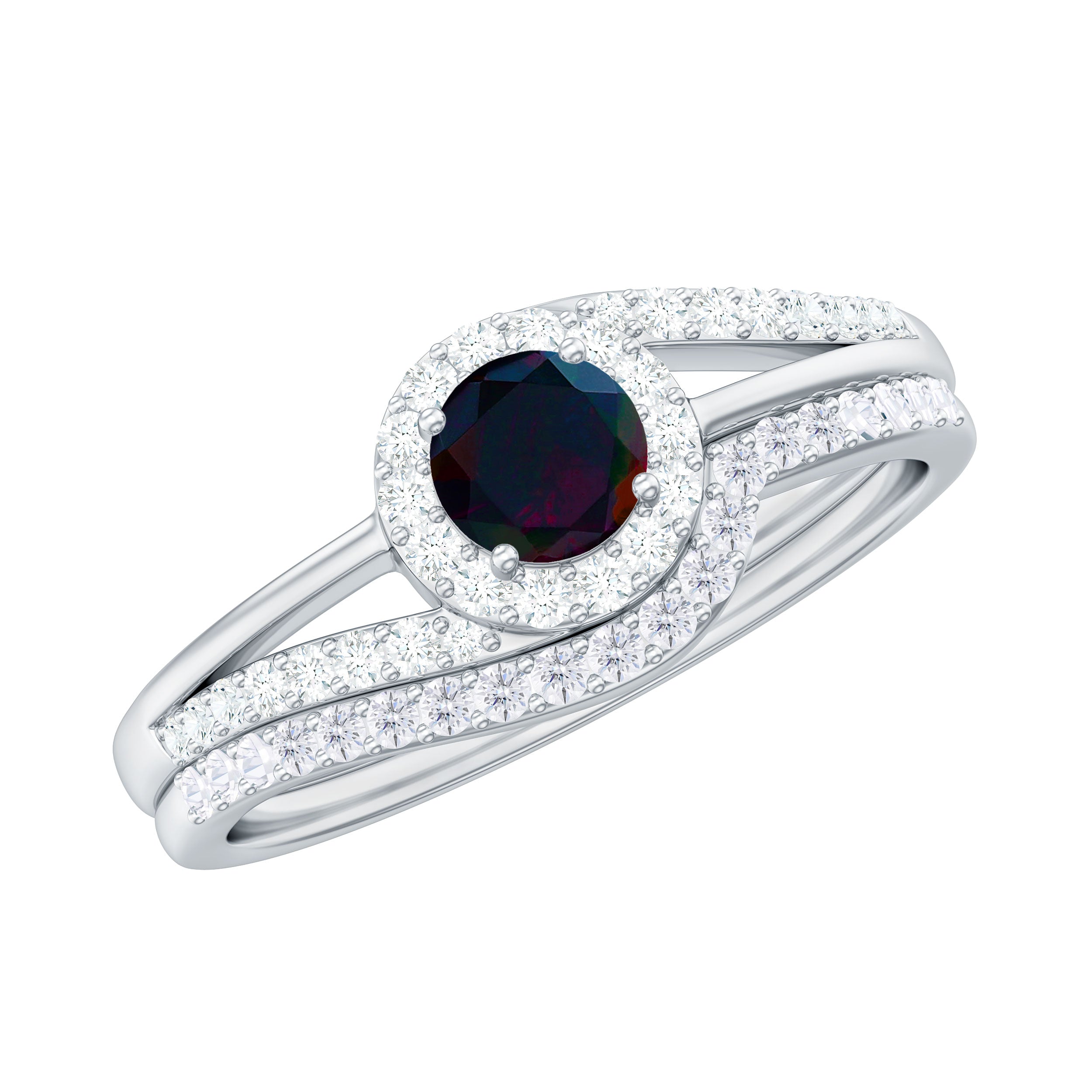 Natural Black Opal Ring Set with Diamond, 925 Sterling Silver, US 4.00 J8507