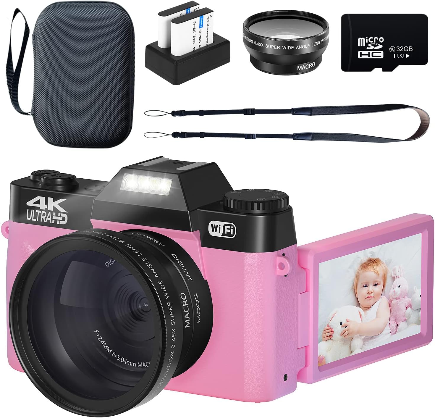 Black 4K 48MP Digital Camera with WiFi, 180° Flip Screen, 32GB SD Card, 2 Batteries I235