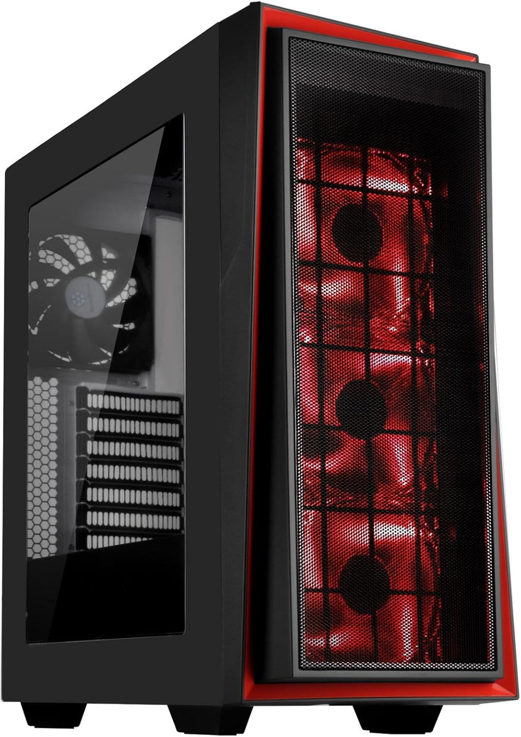 Black and Red ATX Tower Computer Case with Three 120mm Red LED Intake Fans and Side Panel Window R6279