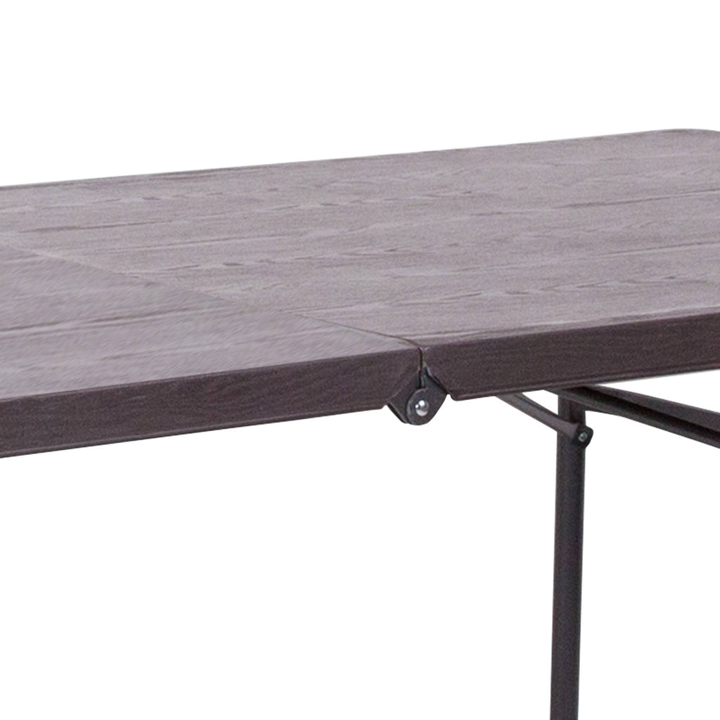 Brown Wood Grain Plastic Folding Table with Carrying Handle F3100