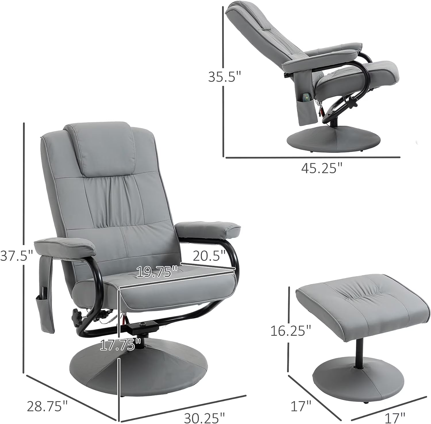 Gray Faux Leather Swivel Massage Recliner Chair and Ottoman Set with Remote Control L2109