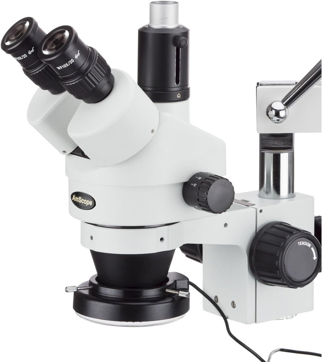 Trinocular Stereo Zoom Microscope, 3.5X-90X Magnification, 0.7X-4.5X Zoom Objective, LED Ring Light, Double-Arm Boom Stand, 0.5X and 2.0X Barlow Lens H62324