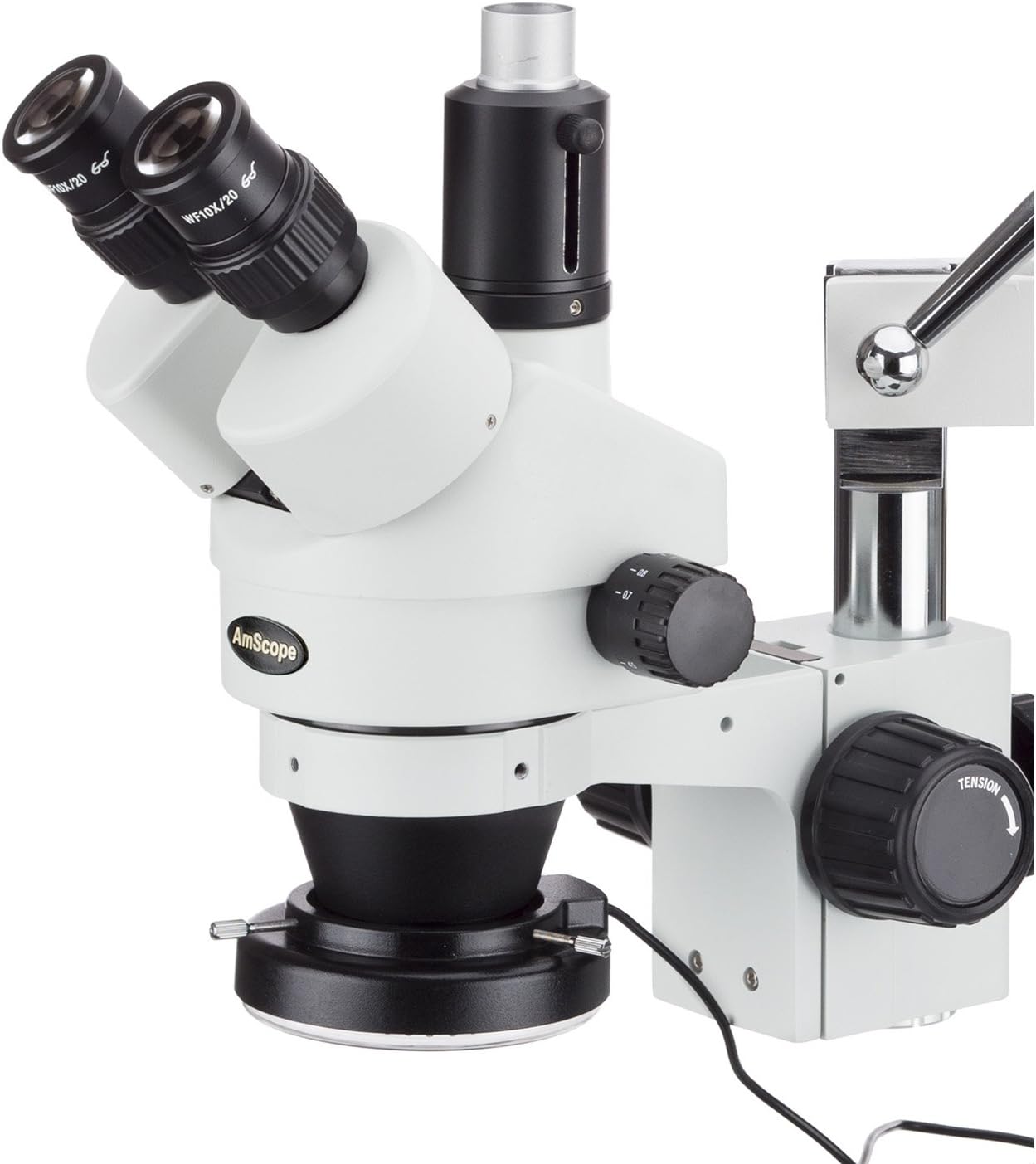 Trinocular Stereo Zoom Microscope, 3.5X-90X Magnification, 0.7X-4.5X Zoom Objective, LED Ring Light, Double-Arm Boom Stand, 0.5X and 2.0X Barlow Lens H62324