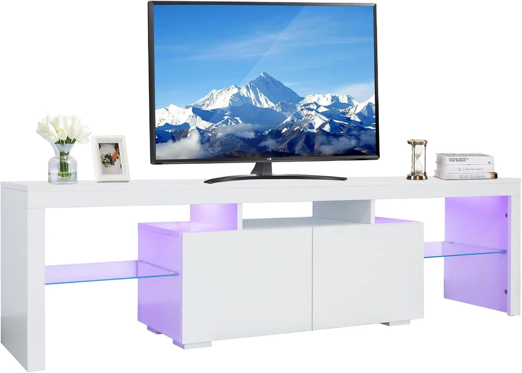 White High Gloss TV Stand with LED Lights and Storage Drawers A2873