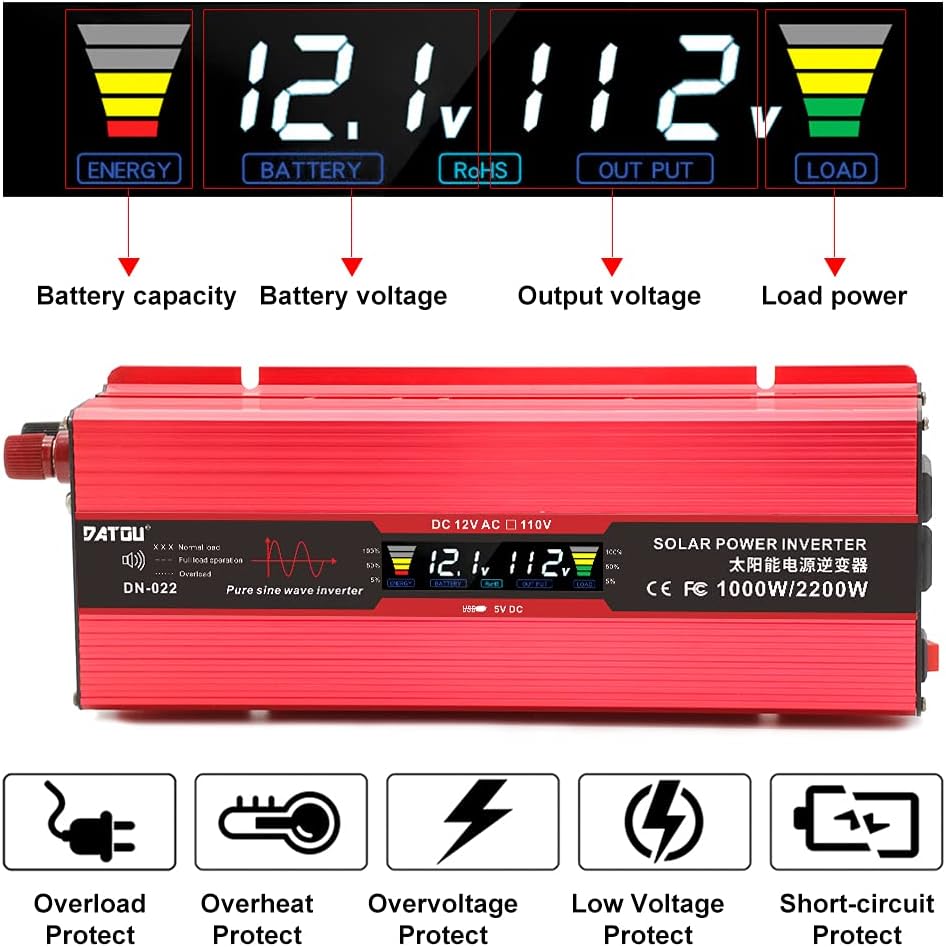 1000W Pure Sine Wave Power Inverter 12V 110V DC to AC Car Inverter with LED Display R311248