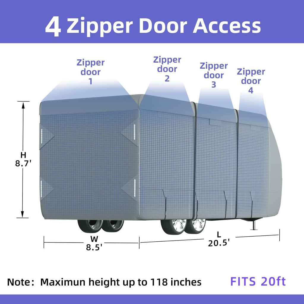 RV Cover with Tongue Jack Cover, Extra Windproof Ropes, Gutter Covers D15440