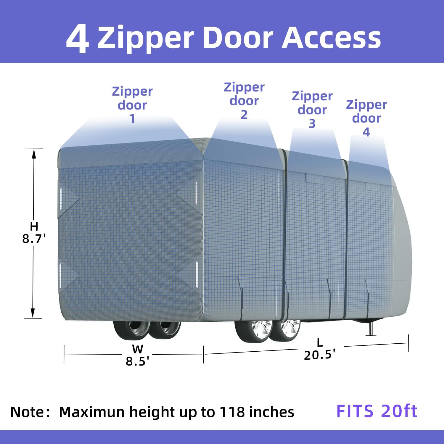 RV Cover with Tongue Jack Cover, Extra Windproof Ropes, Gutter Covers D15440