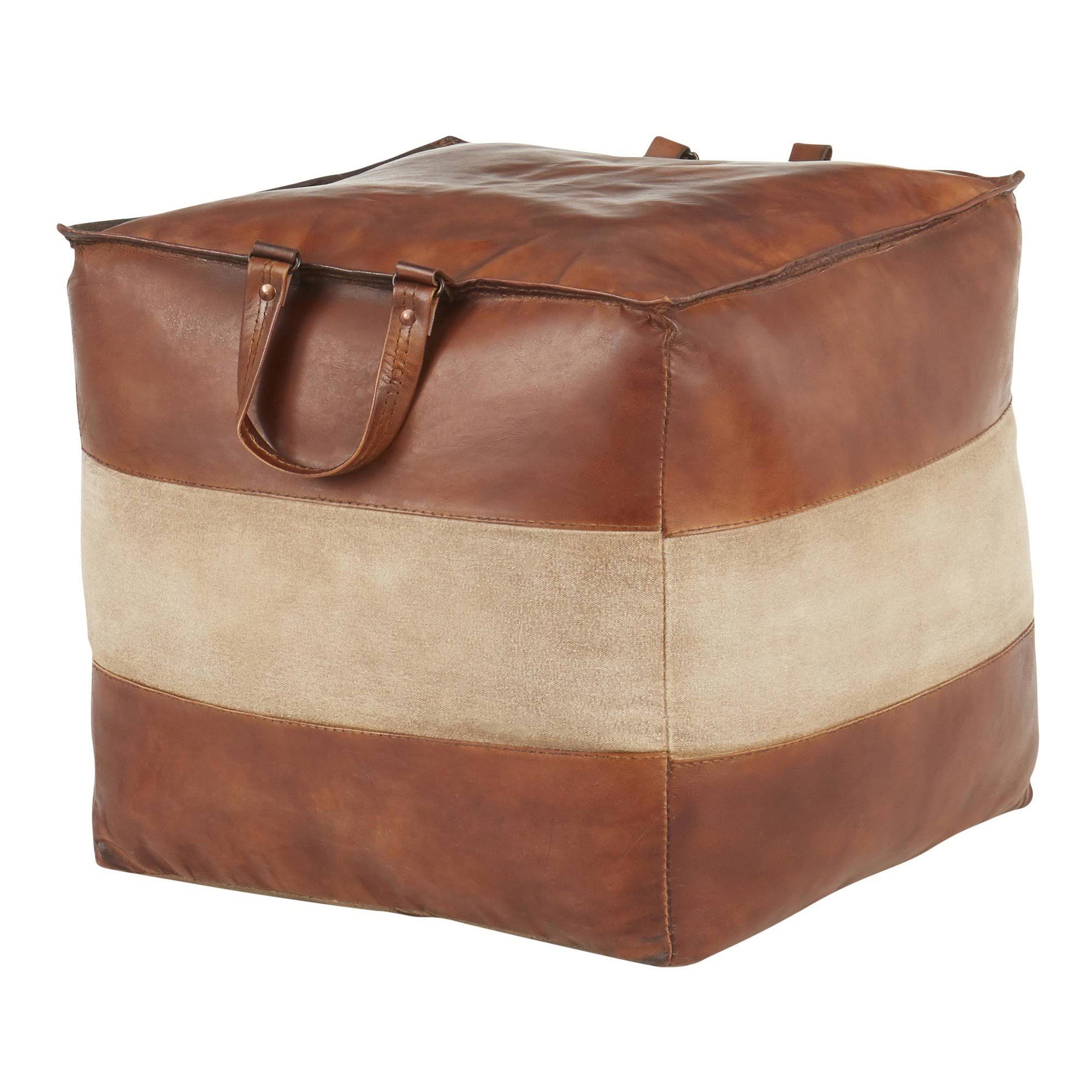 Espresso Leather Tan Canvas Pouf C56266