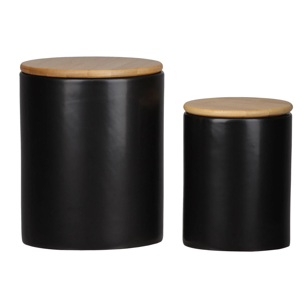 Dual Tone Round Ceramic Canister with Wooden Lid, Set of 2 U183