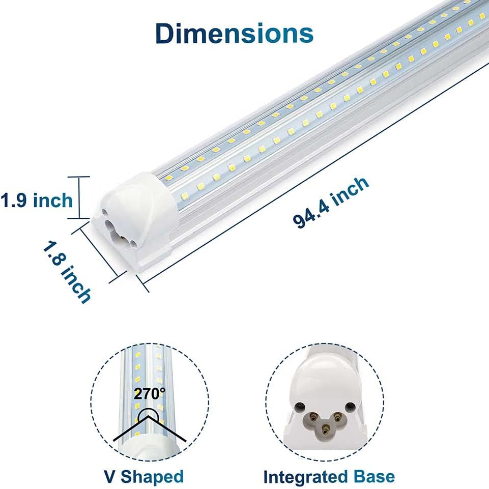 8ft 72W 7200LM 6500k Clear Cover Cool White Dual Row V Shape Linkable T8 Integrated LED Shop Light R14555