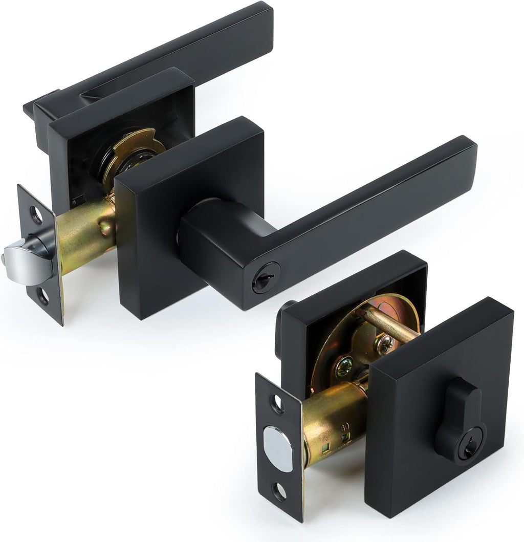 6 Pack Heavy Duty Entry Lever Door Handle and Single Cylinder Deadbolt Lock Set, Matte Black X7019
