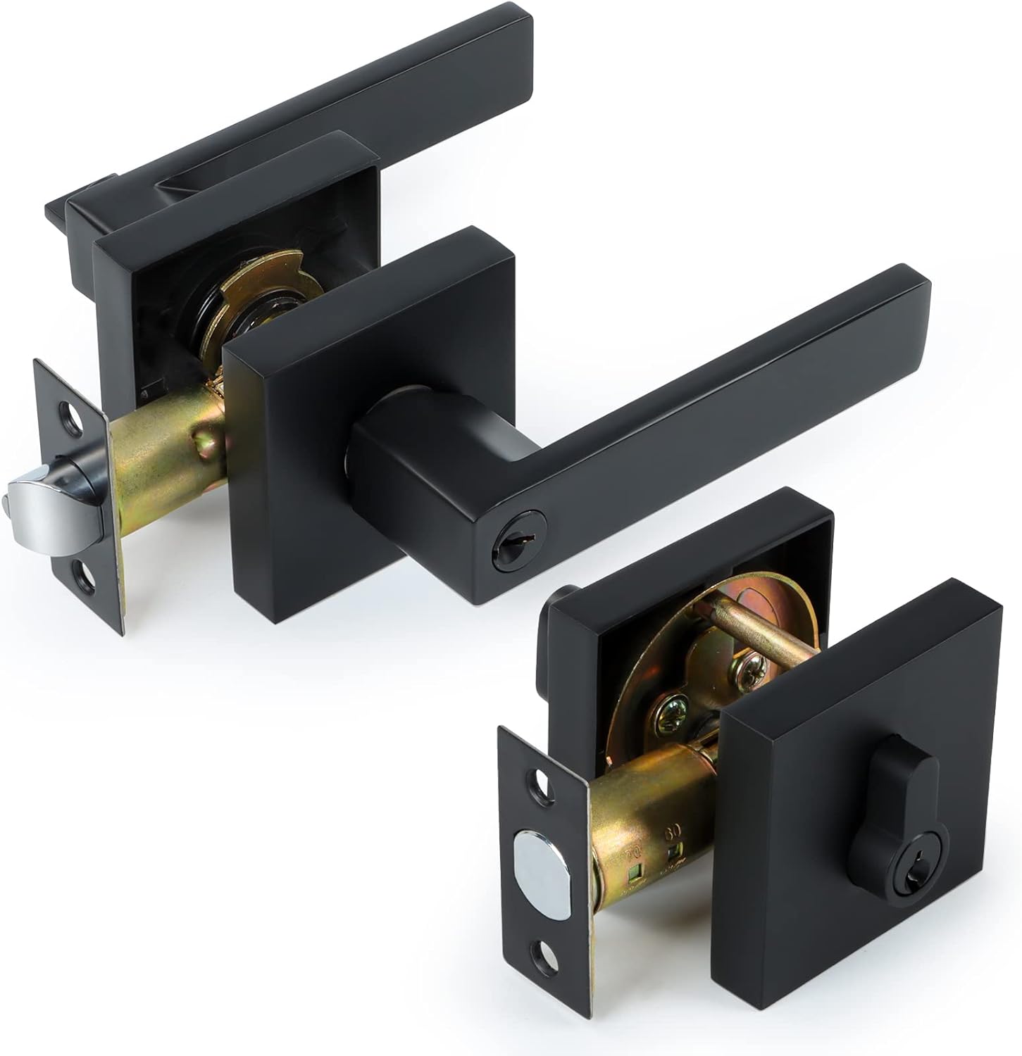 6 Pack Heavy Duty Entry Lever Door Handle and Single Cylinder Deadbolt Lock Set, Matte Black X7019