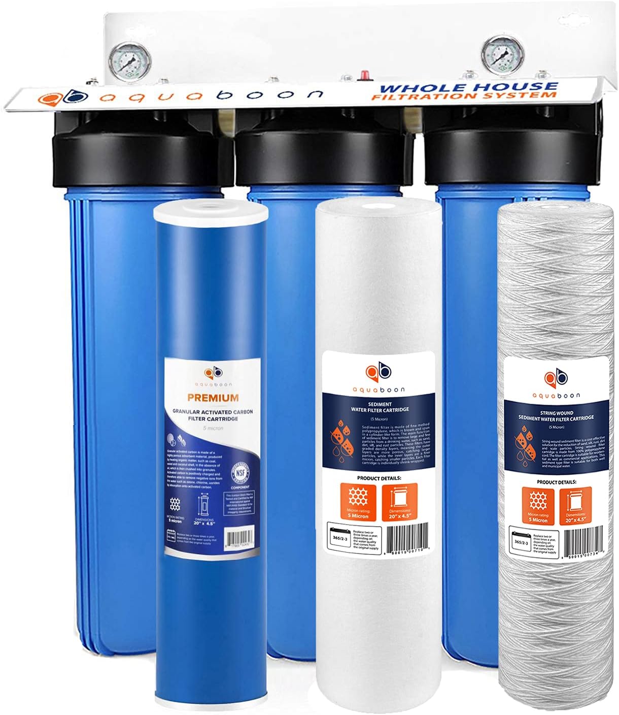 3-Stage 20 Whole House Filtration System with Housing Bracket Pressure Gauges GAC Filter Sediment String Wound Sediment Filter Cartridges N458