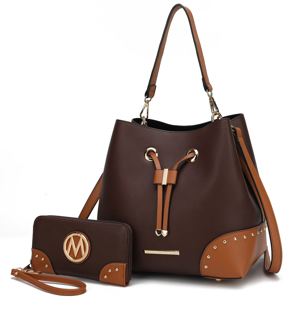 Coffee Cognac Vegan Leather Bucket Bag and Wristlet Wallet 2-Piece Set S6448