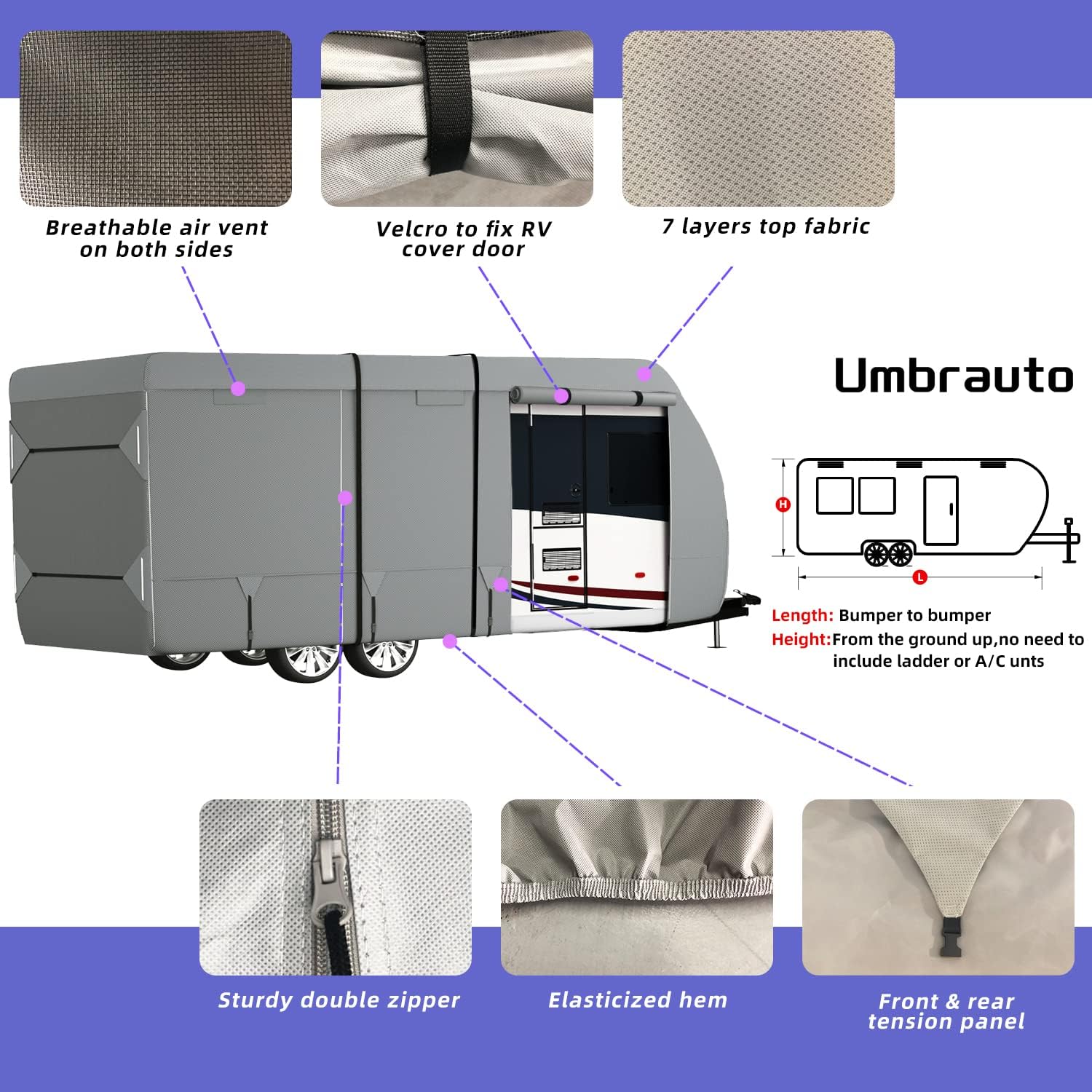 RV Cover with Tongue Jack Cover, Extra Windproof Ropes, Gutter Covers D15440