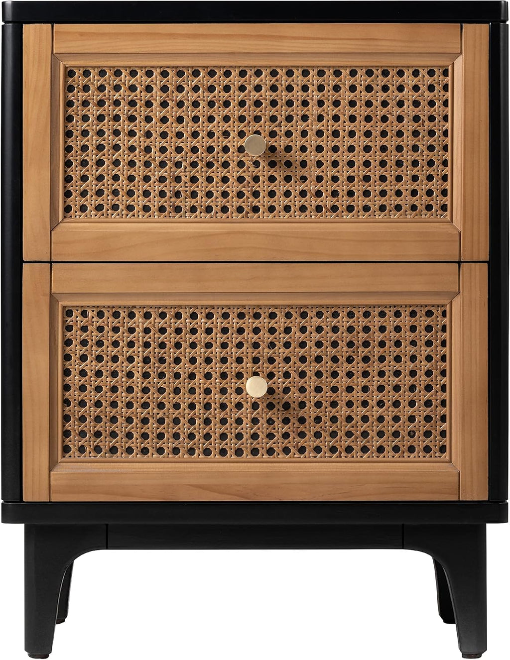 Black 2-Drawer Woven Cane Front Accent Nightstand with Brass Knobs O30508