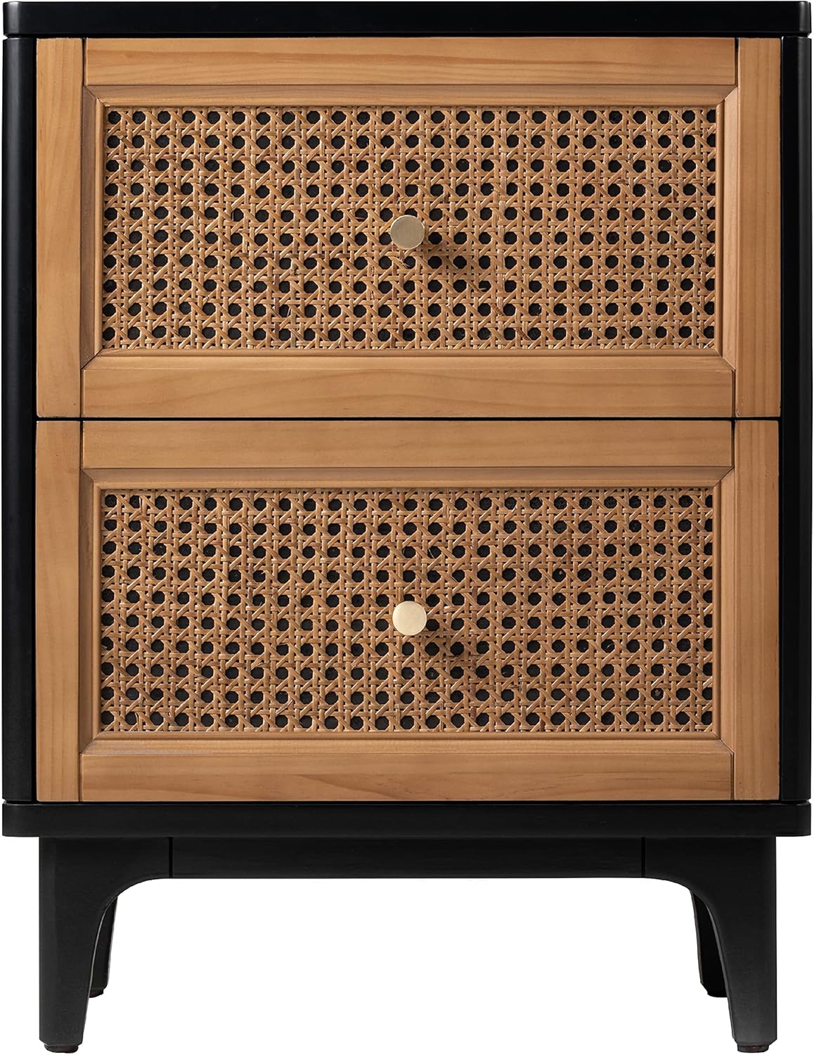 Black 2-Drawer Woven Cane Front Accent Nightstand with Brass Knobs O30508
