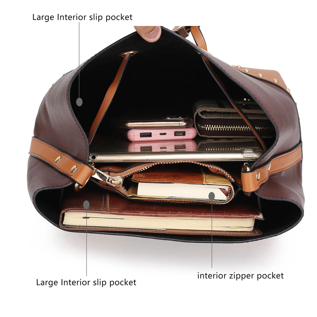 Coffee Cognac Vegan Leather Bucket Bag and Wristlet Wallet 2-Piece Set S6448