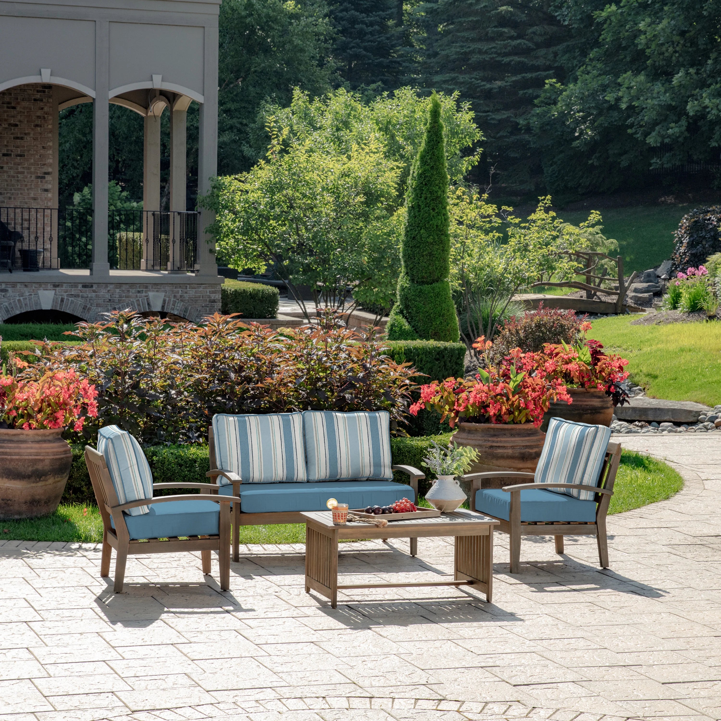 French Blue Linen Stripe Outdoor Loveseat Cushion Set J2197