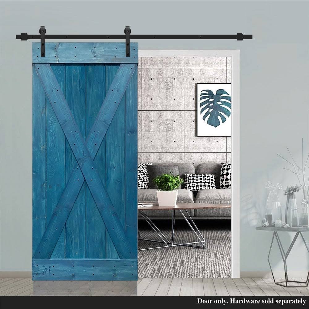 Solid Ocean Blue Stained Pine Wood Interior Sliding Barn Door Slab E409141