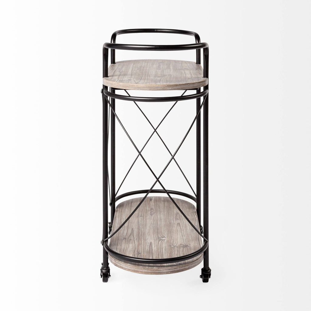 Black Metal Frame Two Tier Wood Shelves Bar Cart L56099