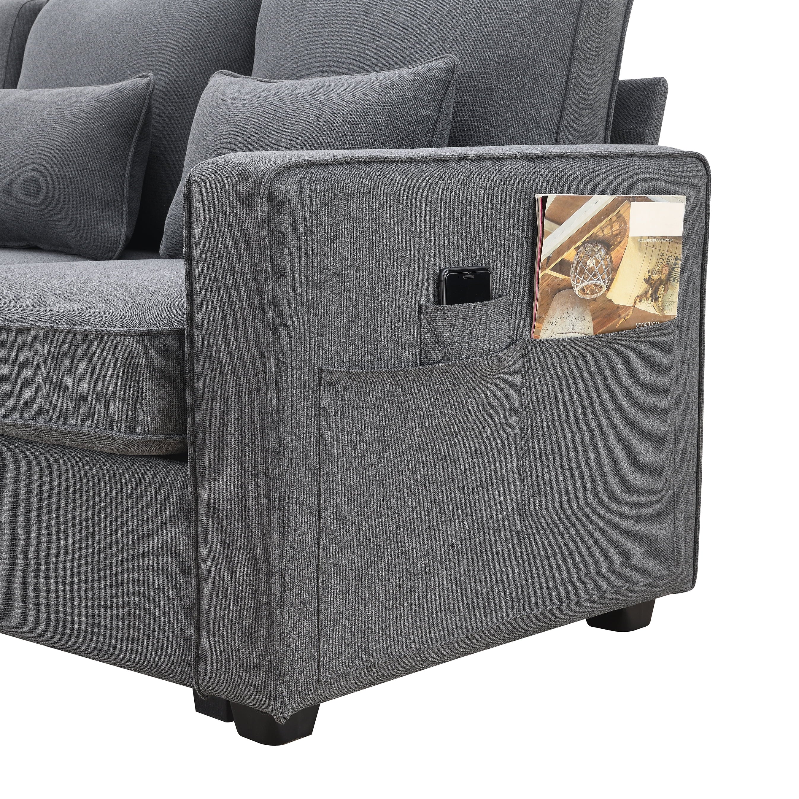 104" 4-Seater Linen Fabric Sofa with Armrest Pockets and 4 Pillows L379379