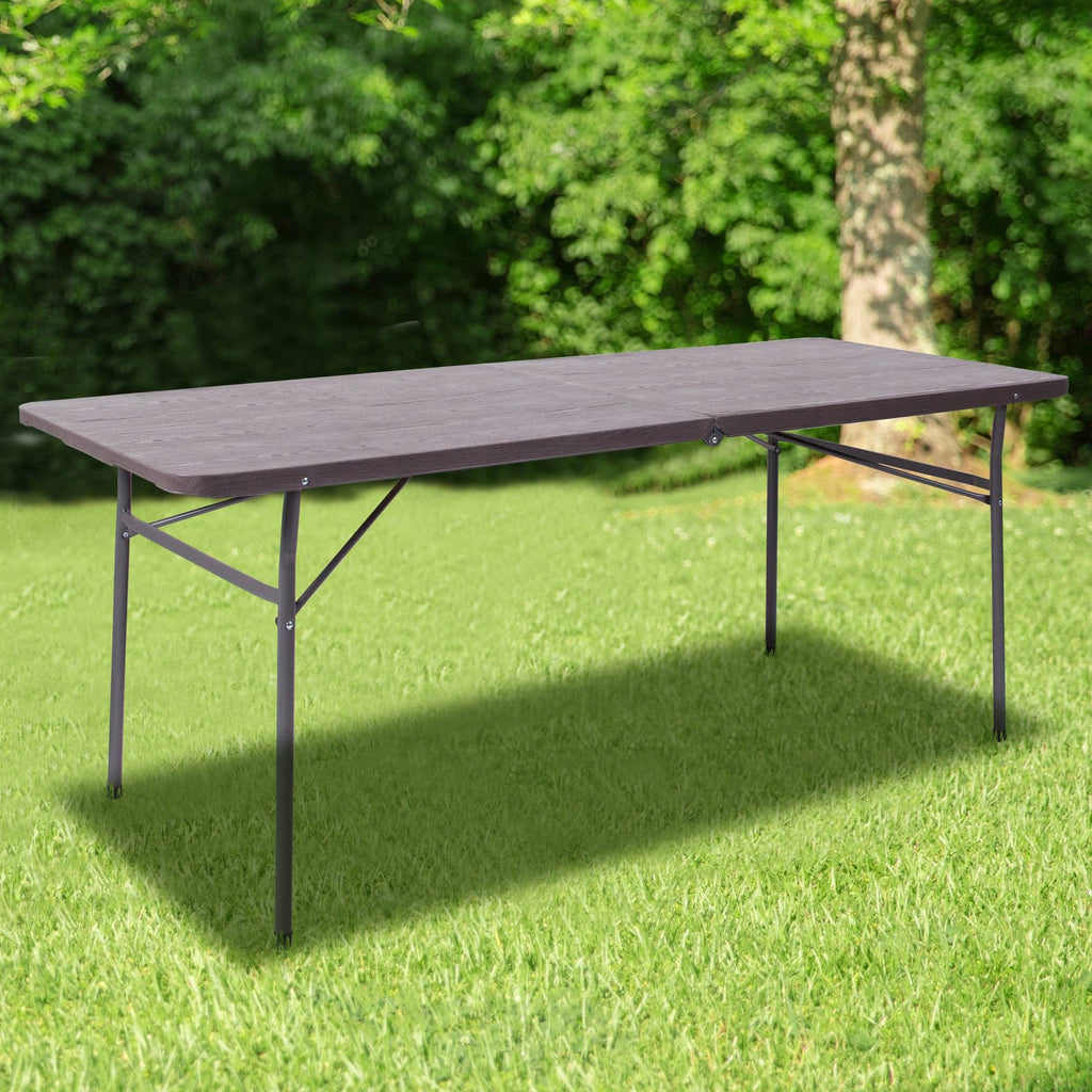 Brown Wood Grain Plastic Folding Table with Carrying Handle F3100