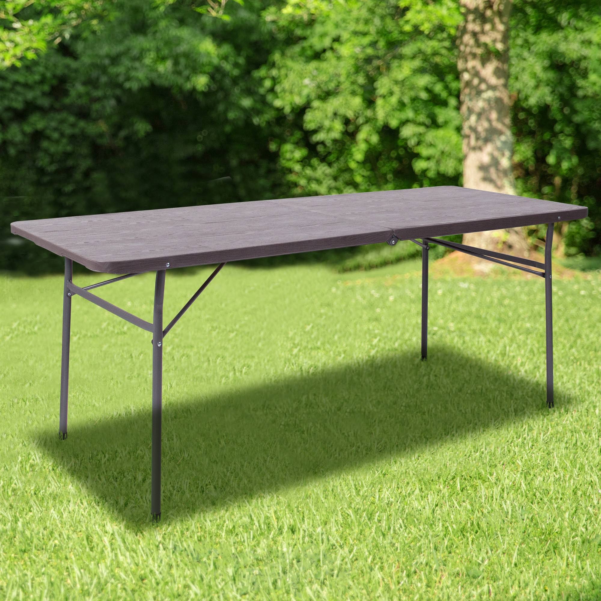 Brown Wood Grain Plastic Folding Table with Carrying Handle F3100
