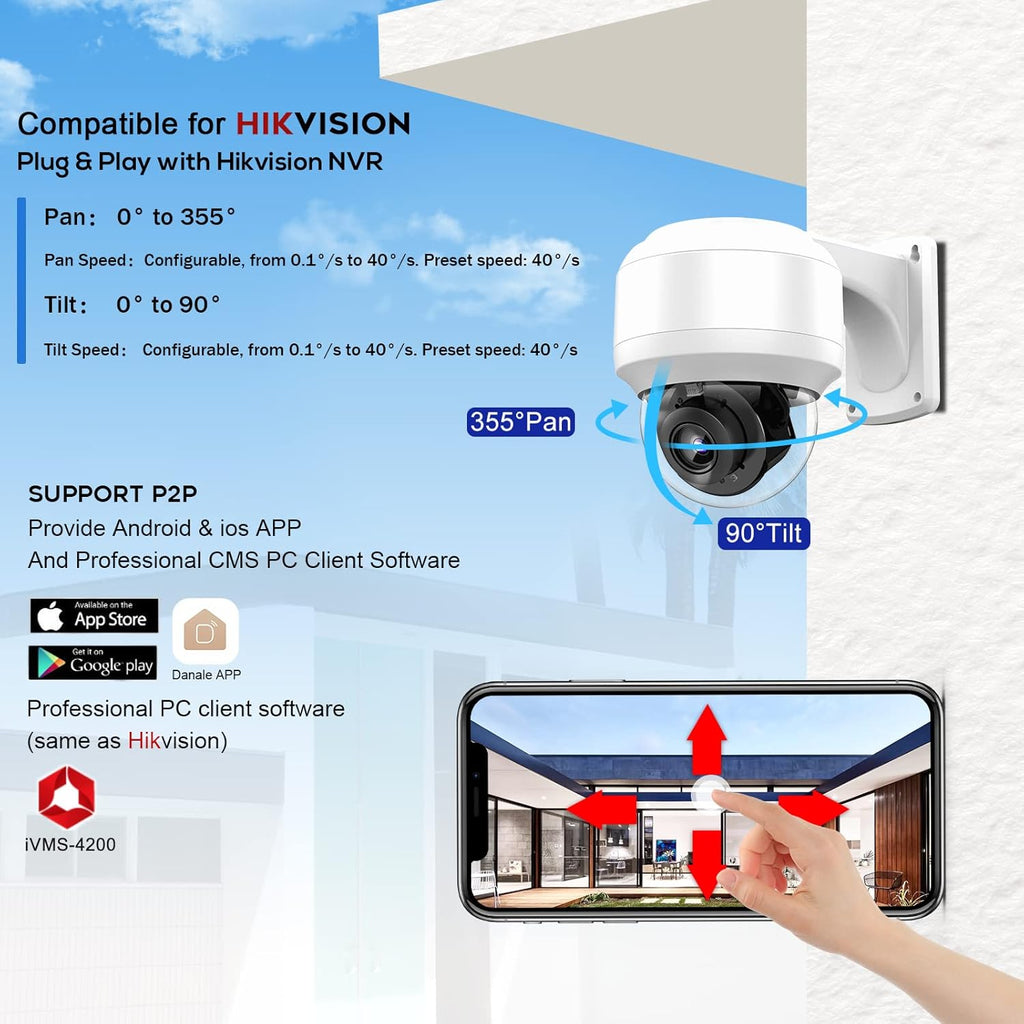 5MP PTZ PoE Dome IP Camera Outdoor with Mic/Audio, 4X Optical Zoom, 164ft Night Vision, H.265, IP67 Waterproof N174875