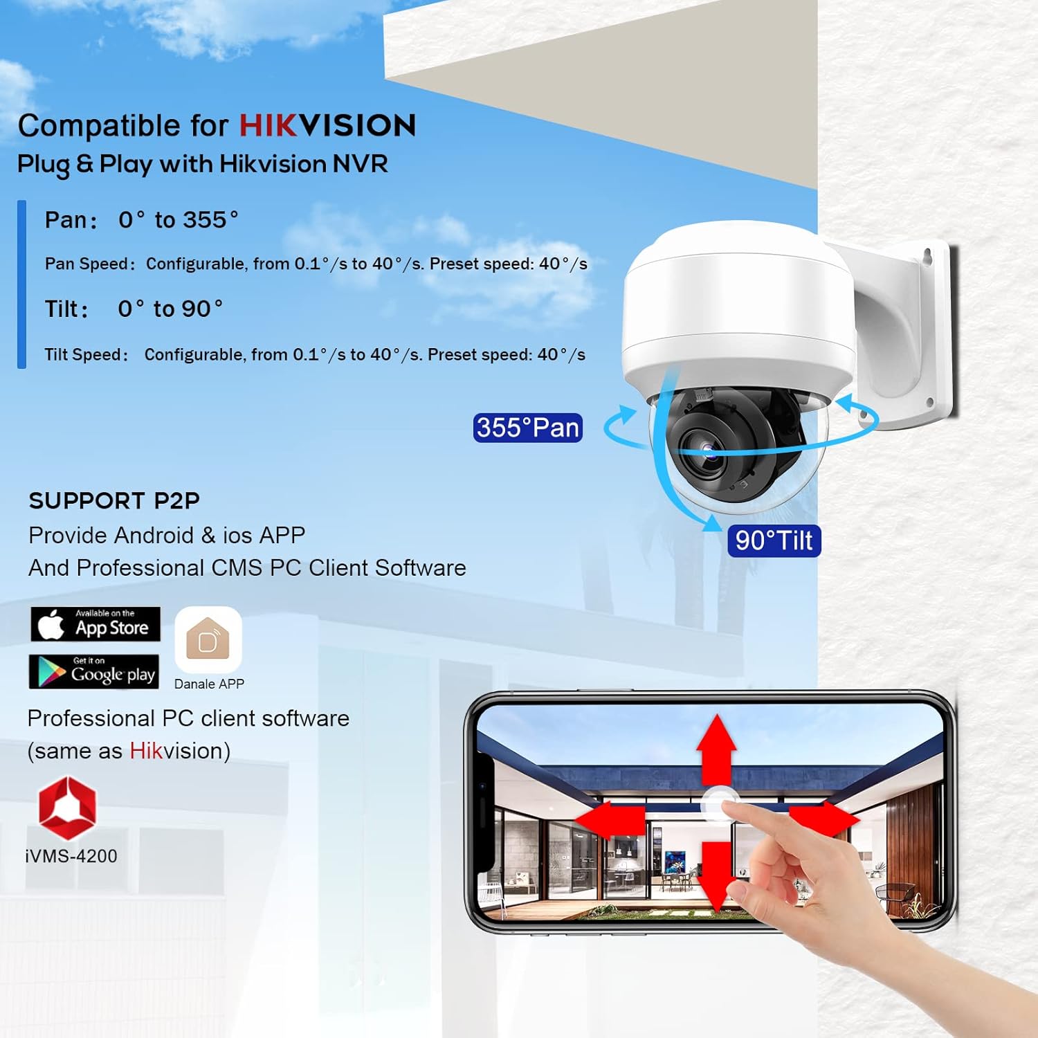 5MP PTZ PoE Dome IP Camera Outdoor with Mic/Audio, 4X Optical Zoom, 164ft Night Vision, H.265, IP67 Waterproof N174875