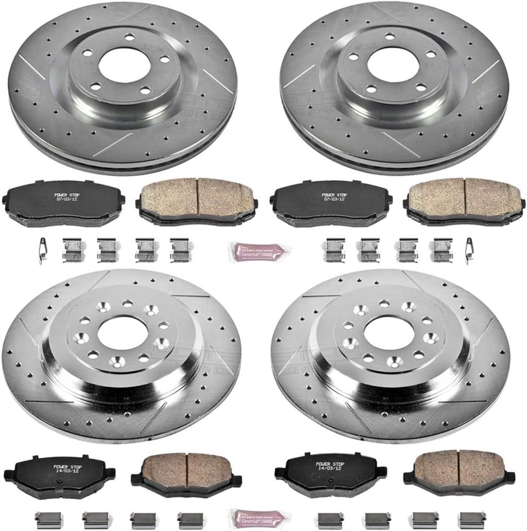 Front and Rear Carbon Fiber Brake Pads with Drilled & Slotted Brake Rotors Kit Z29899