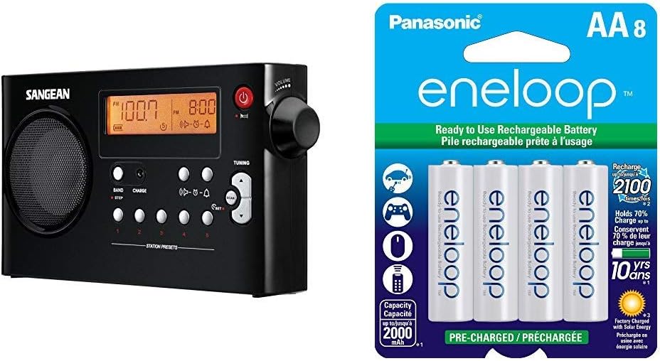 Sangean PR-D7 BK AM/FM Digital Rechargeable Portable Radio - Black & Panasonic BK-3MCCA8BA eneloop AA 2100 Cycle Ni-MH Pre-Charged Rechargeable Batteries, 8 Pack Pack of 2 H3433