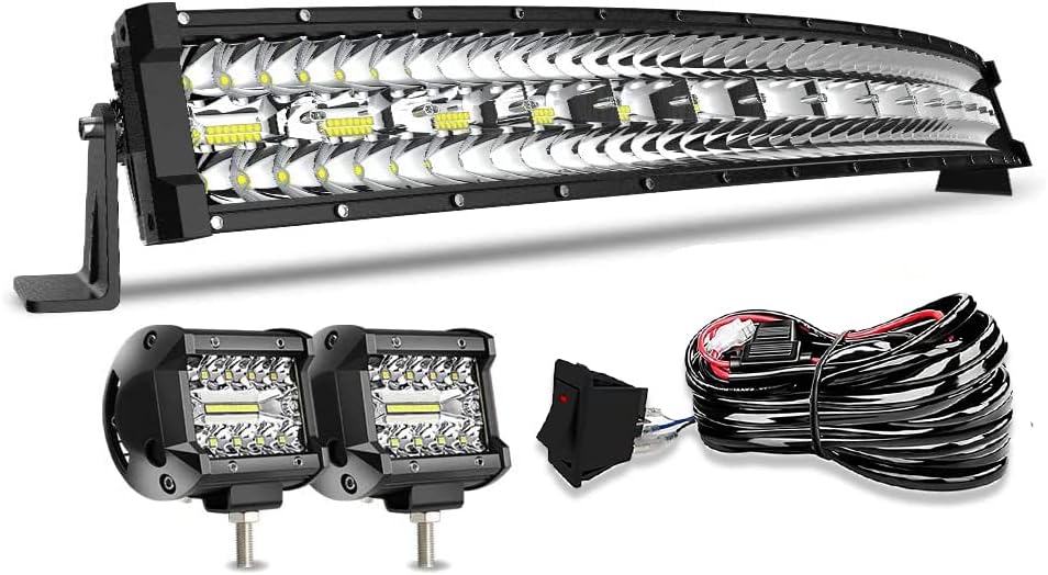 32Inch Curved LED Light Bar Kit with 2X 4Inch 60W LED Cube Light Pods Wiring Harness Spot Flood Combo Work Lights A592003