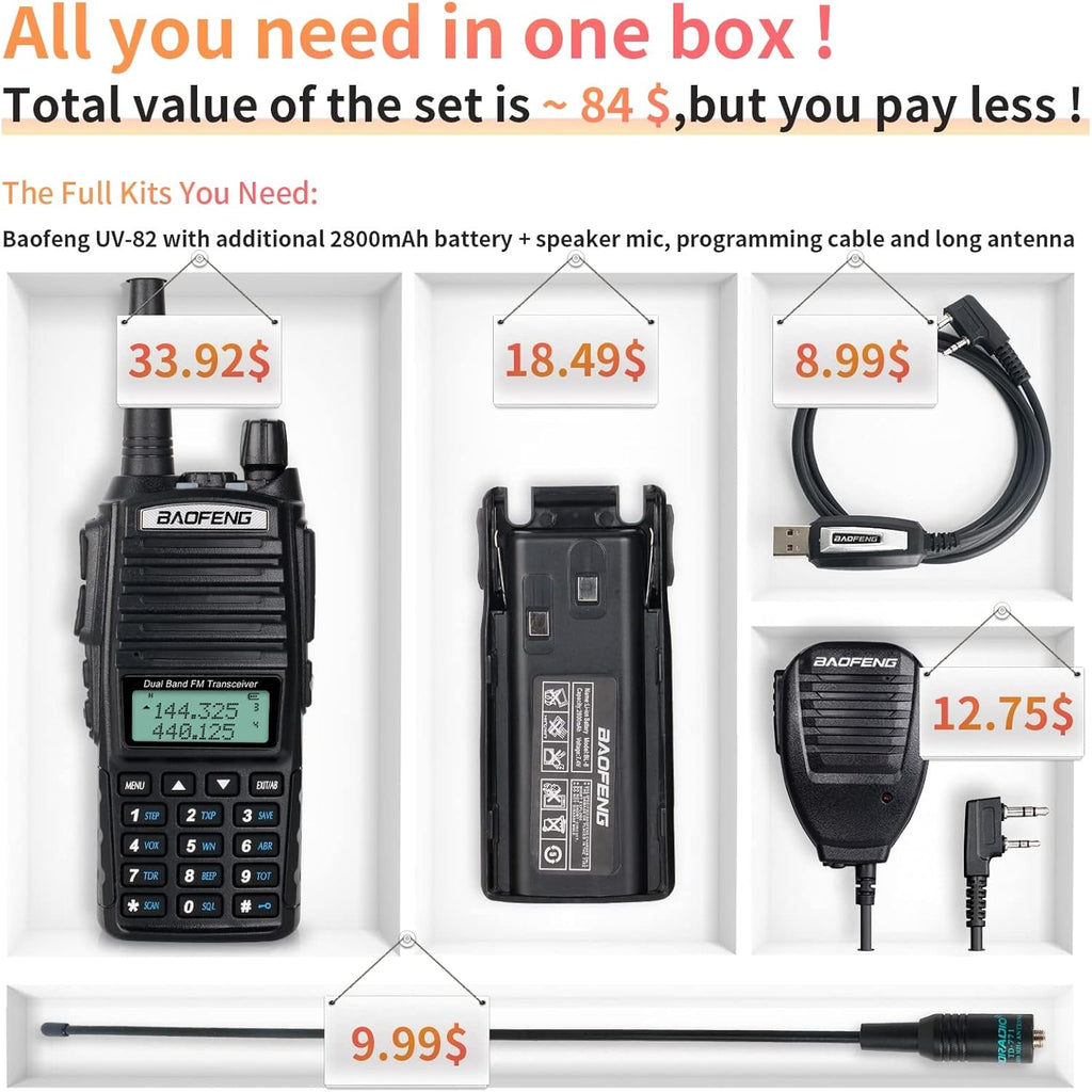 UV-82 High Power Portable 2 Way Radio with Extra 2800mAh Battery Full Kits X329