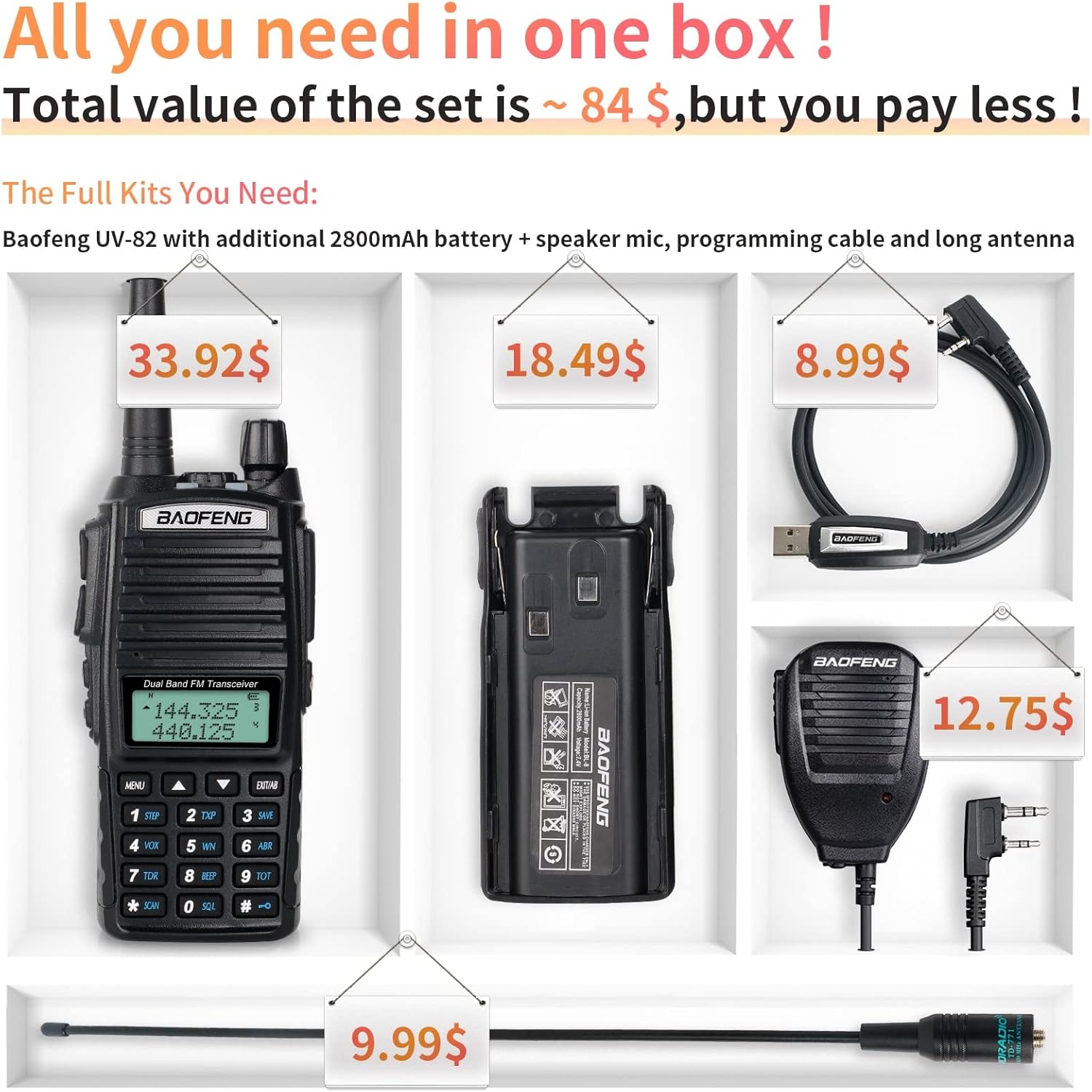 UV-82 High Power Portable 2 Way Radio with Extra 2800mAh Battery Full Kits X329