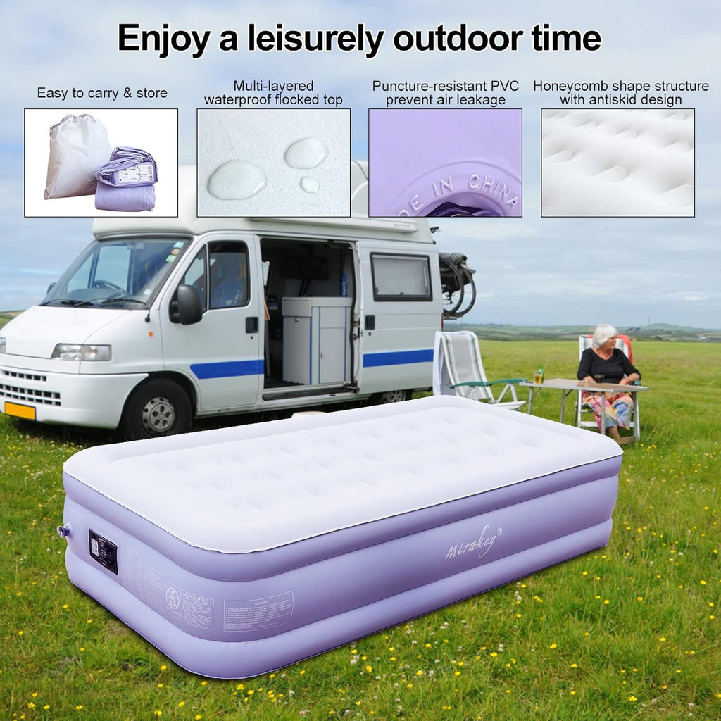Light Blue White Velvet Flocked Twin Air Mattress with Built in Pump B16281
