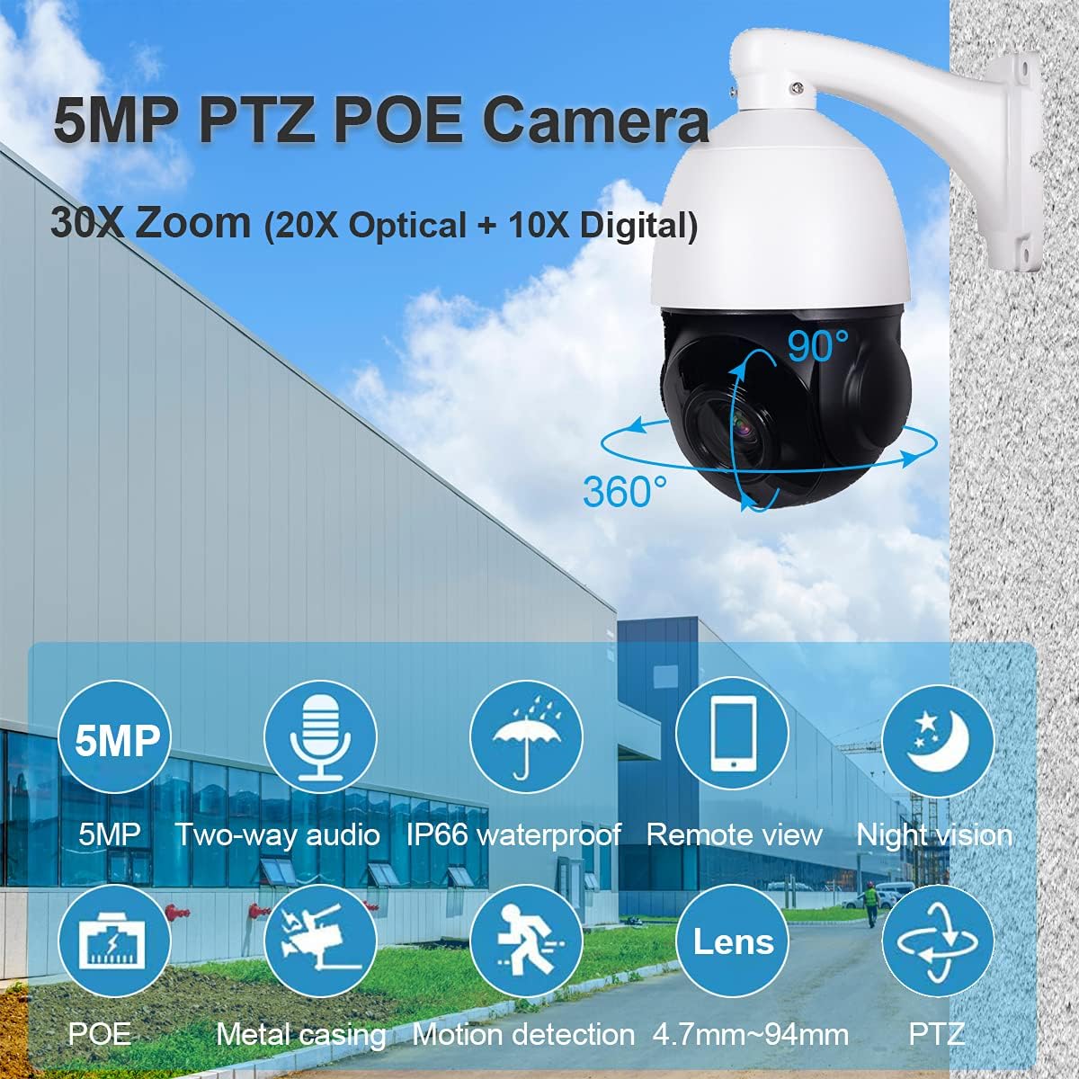 5MP PTZ PoE IP Security Camera with 20x Optical Zoom, 260ft IR Night Vision, IP66 Waterproof L3646