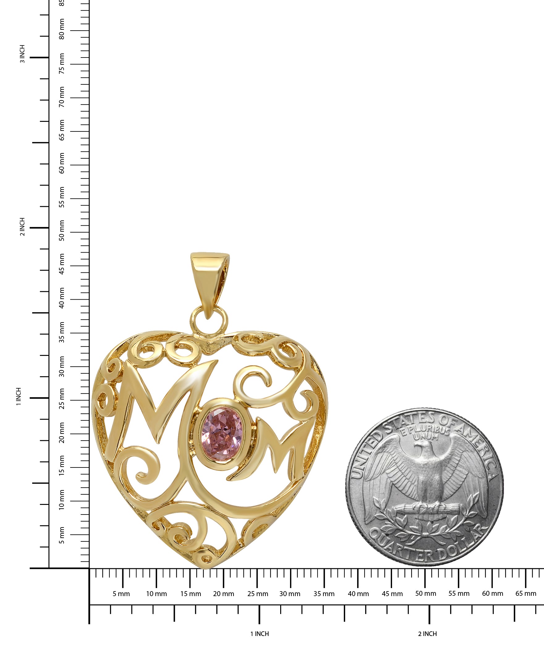 Gold Plated Open Scrolled Heart Pendant with Pink Oval CZ B211