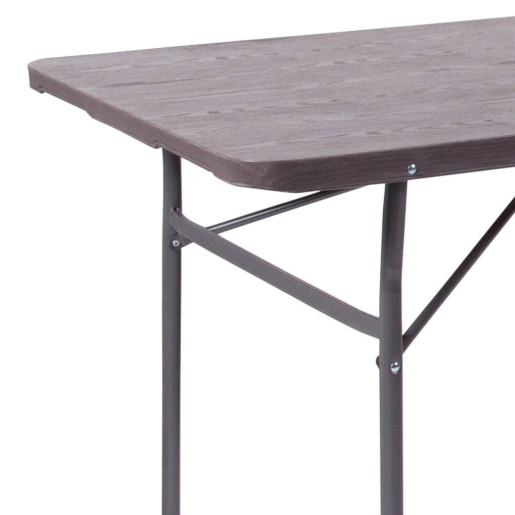 Brown Wood Grain Plastic Folding Table with Carrying Handle F3100
