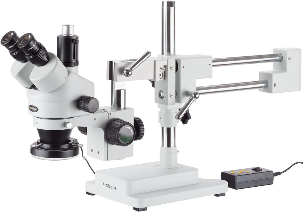 Trinocular Stereo Zoom Microscope, 3.5X-90X Magnification, 0.7X-4.5X Zoom Objective, LED Ring Light, Double-Arm Boom Stand, 0.5X and 2.0X Barlow Lens H62324