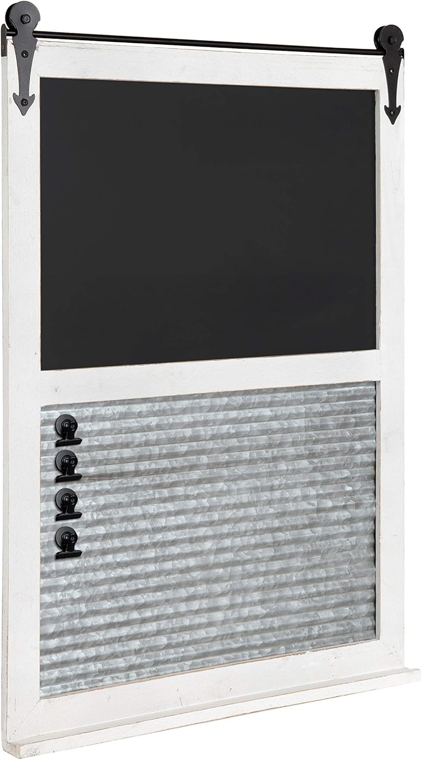 Rustic White Barn Door Wood Framed Organizer with Chalkboard and Magnetic Memo Area R889