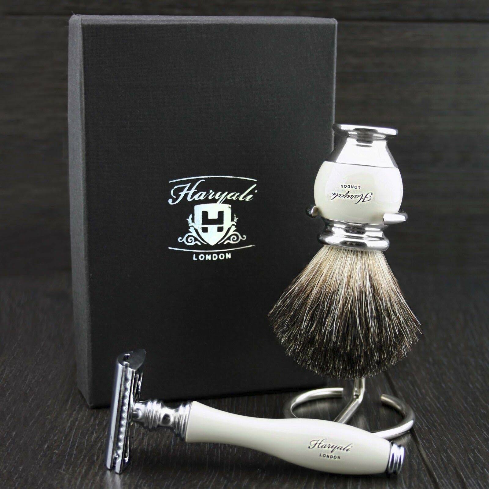 Safety Razor with Pure Badger Hair Shaving Brush & Steel Holder/Stand Y397953