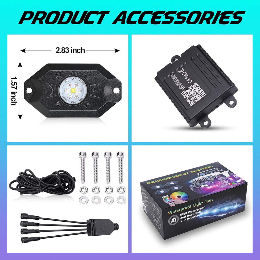 RGBW LED Rock Lights Kit, Multicolor Waterproof Neon Lights, 4 Pods Pack of 2 T719