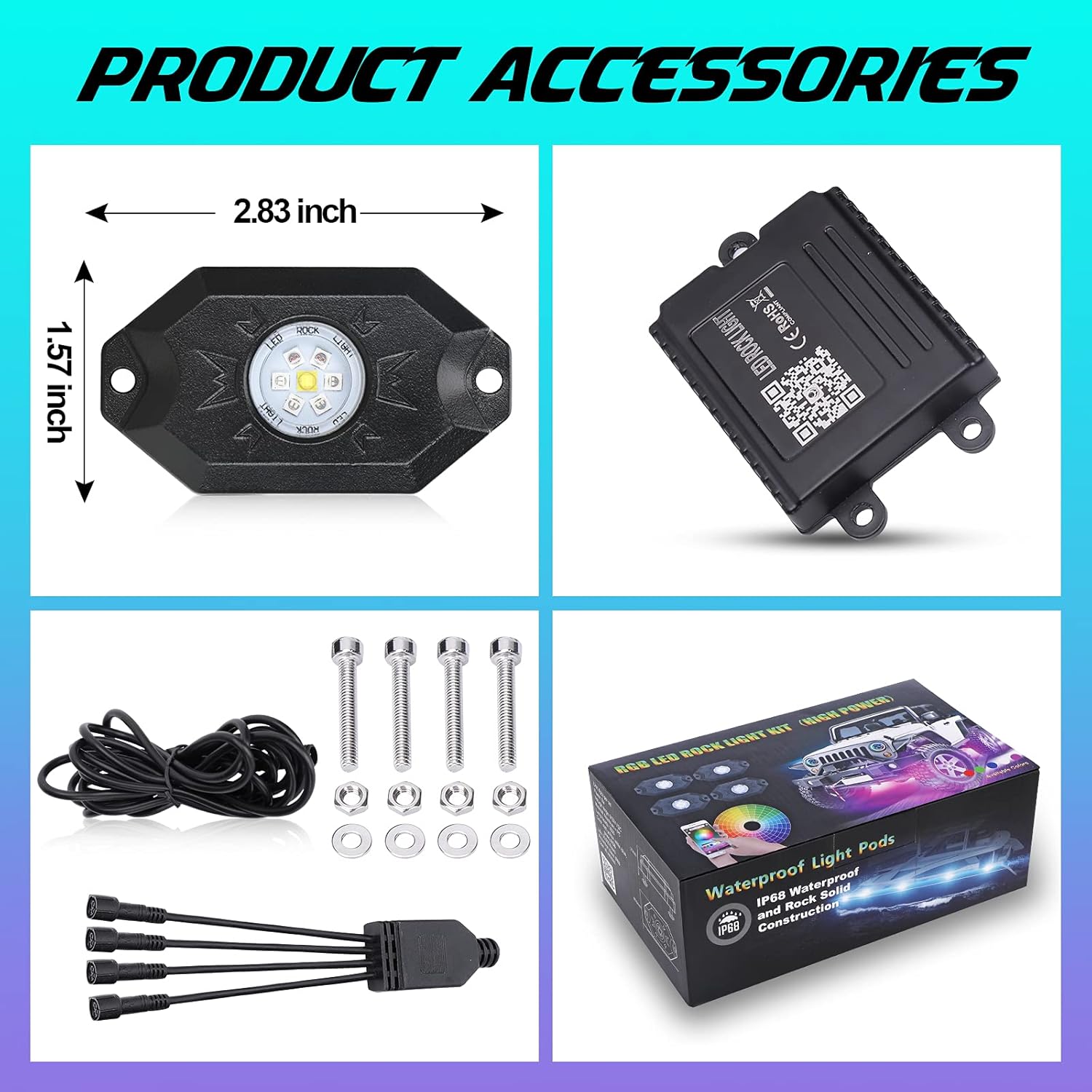 RGBW LED Rock Lights Kit, Multicolor Waterproof Neon Lights, 4 Pods Pack of 2 T719