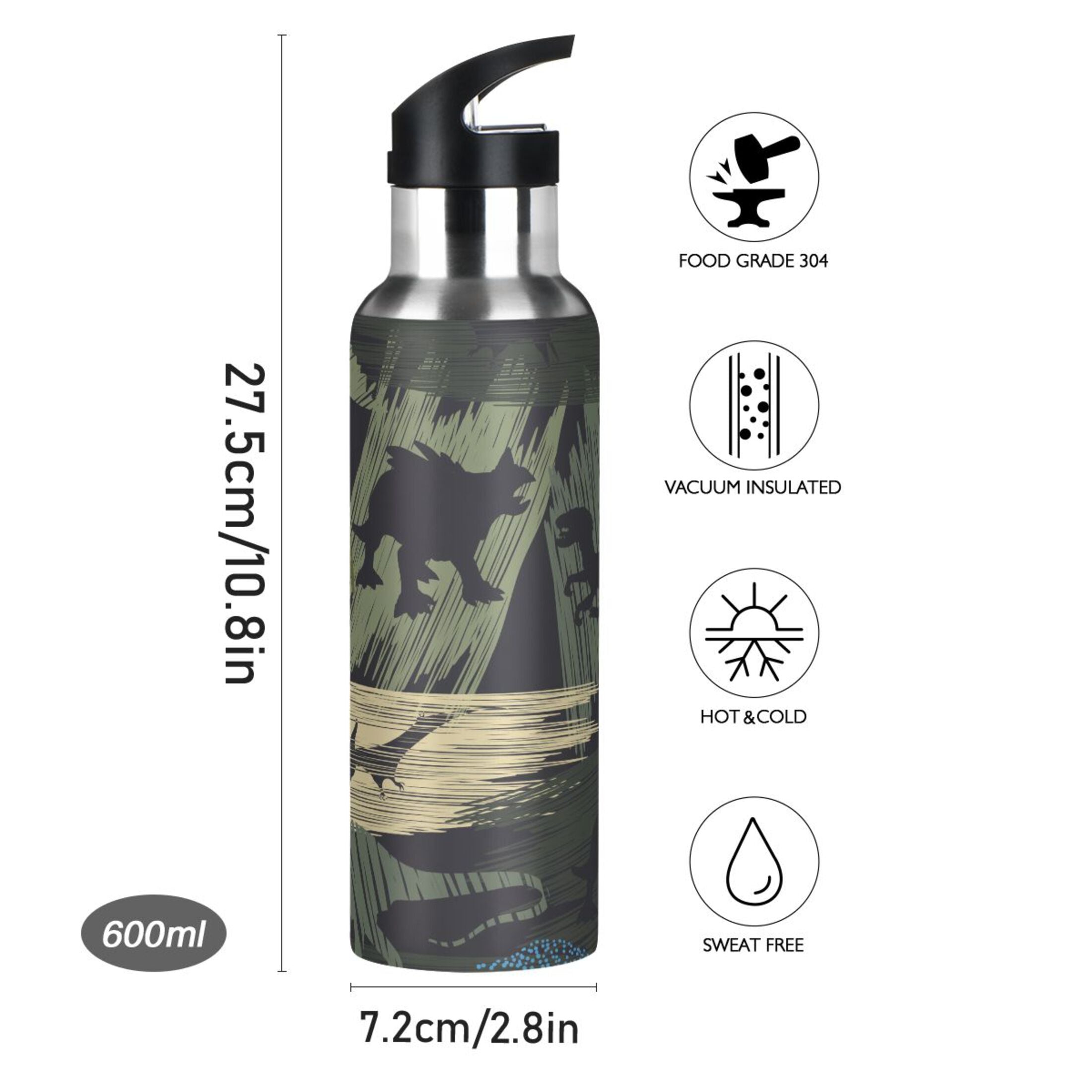 Camouflage Dinosaur Stainless Steel Water Bottle with Straw Lid, 20 OZ I726