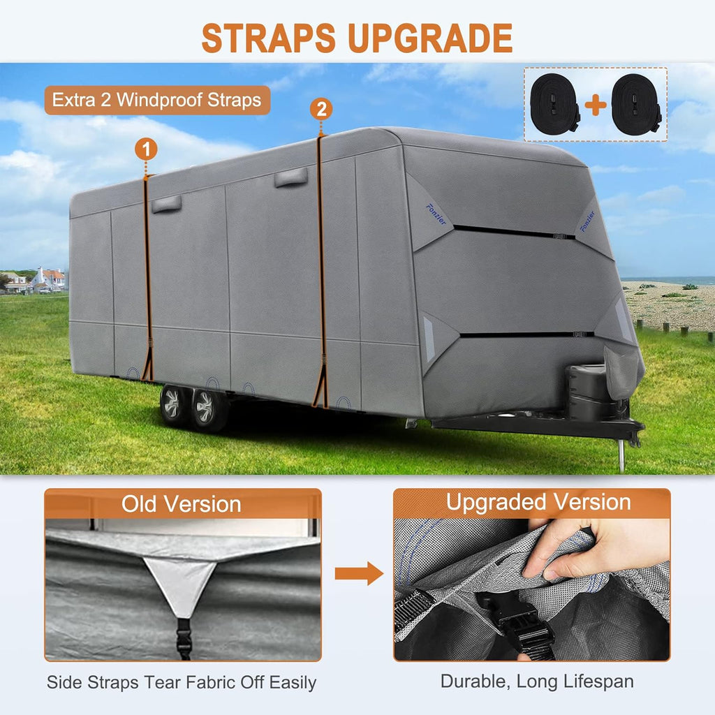 Heavy Duty 6 Layers Travel Trailer RV Cover Anti-UV Camper Cover for 24'1" - 26' Motorhome Breathable Rip-Stop with 2Pcs Extra Straps & Gutter Spout Covers J95514