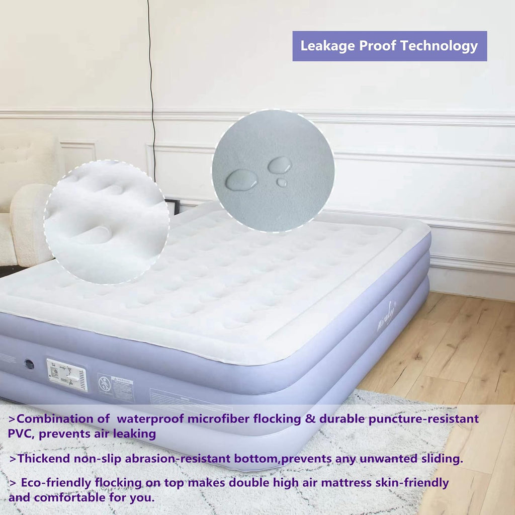 Light Blue White Velvet Flocked Twin Air Mattress with Built in Pump B16281