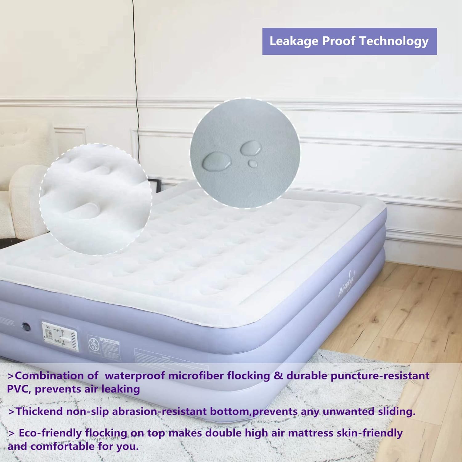 Light Blue White Velvet Flocked Twin Air Mattress with Built in Pump B16281