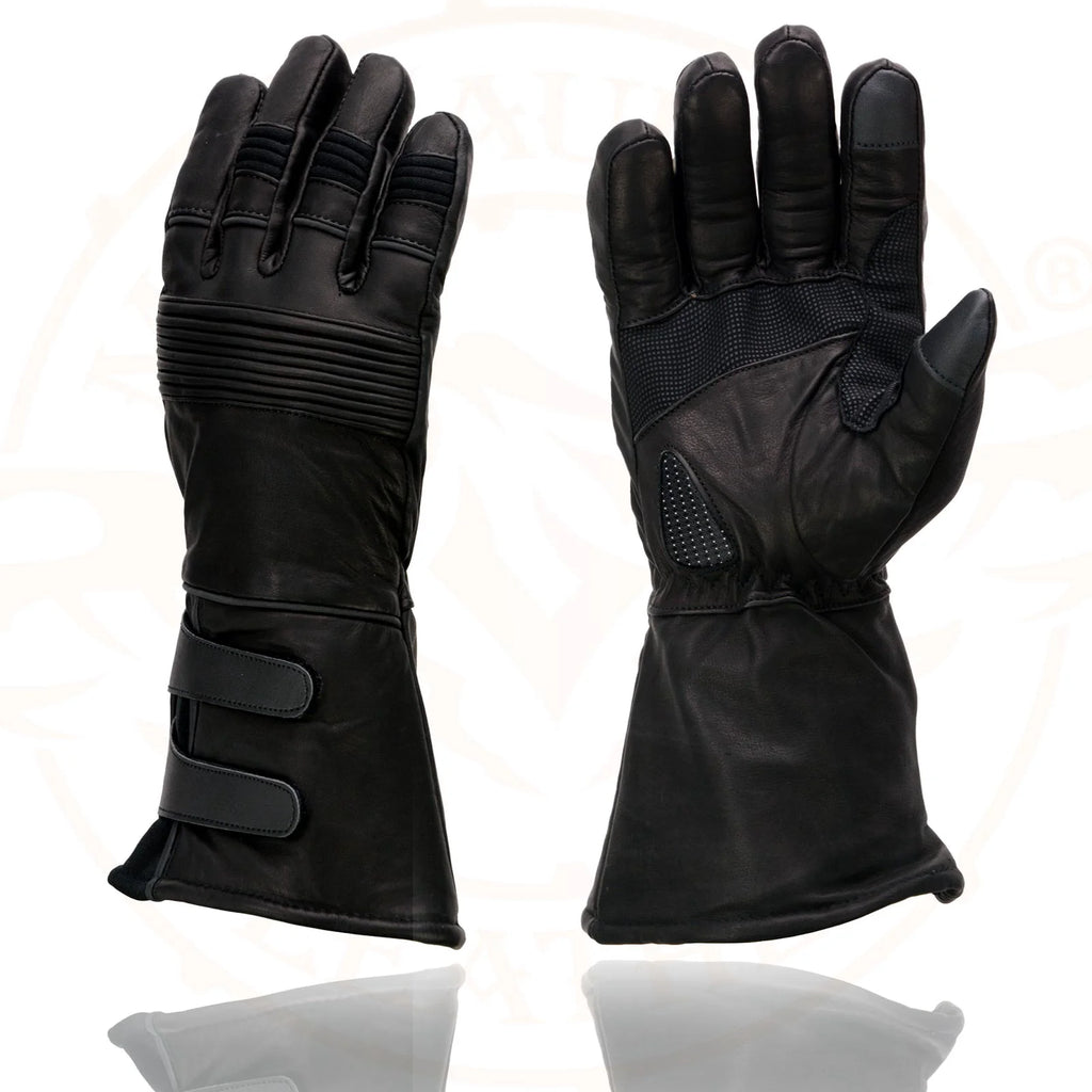 Black Cowhide Leather Gauntlet Motorcycle Gloves E45408